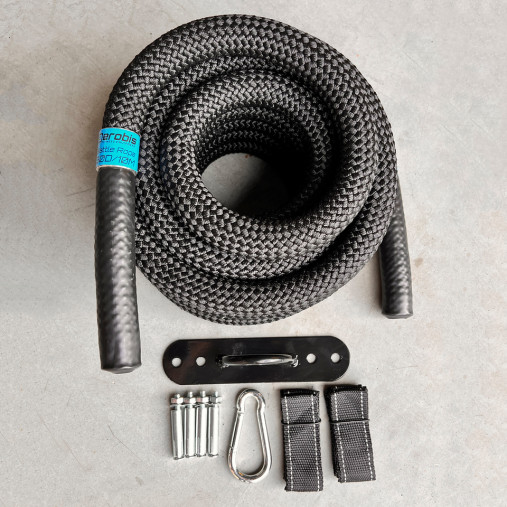 Тренировочный канат AEROBIS Battle Rope V2, длина 10 м, диаметр 40 мм, вес 9,4 кг, черный Тренировочный канат AEROBIS Battle Rope V2, длина 10 м, диаметр 40 мм, вес 9,4 кг, черный