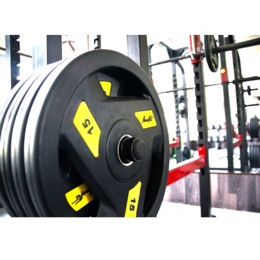 Олимпийский обрезиненный диск AeroFit 20 кг, черно-синий, с 3-мя хватами. Посадочное кольцо из нержавеющей стали, Ø 51,5 мм