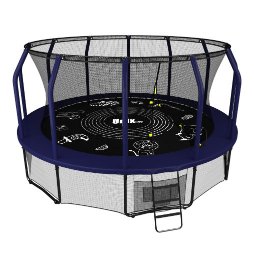 Батут каркасный UNIX line 14 ft (4.27 м) SUPREME GAME (синий) с внутренней защитной сетью и лесницей